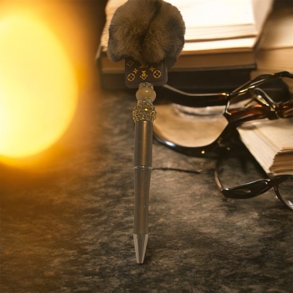Chic Brown Sparkly Fashion Pen with Pom Pom - Picture 3 of 5